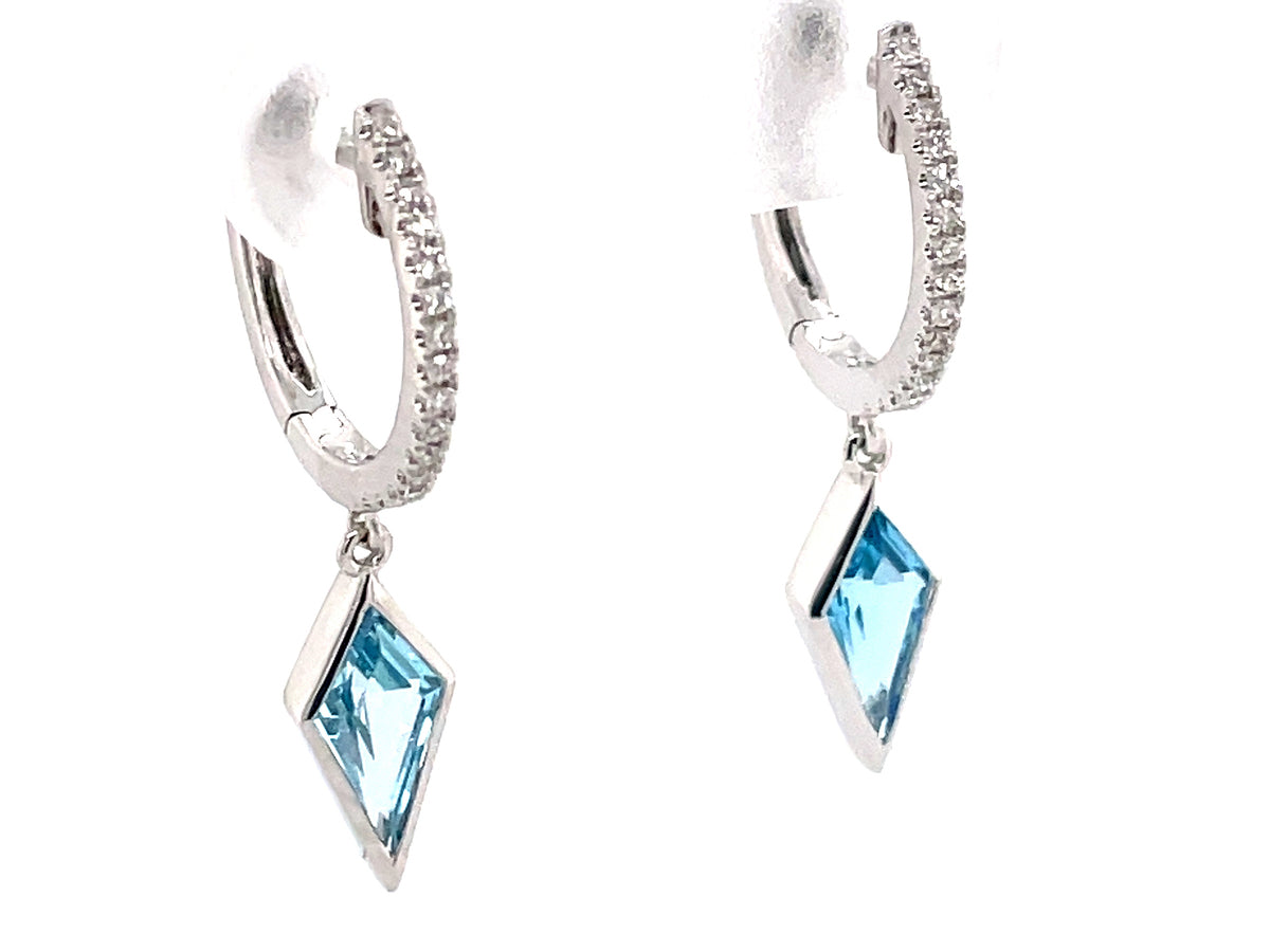BLUE TOPAZ BEZEL TRAPEZOID & DIAMOND DANGLE EARRING