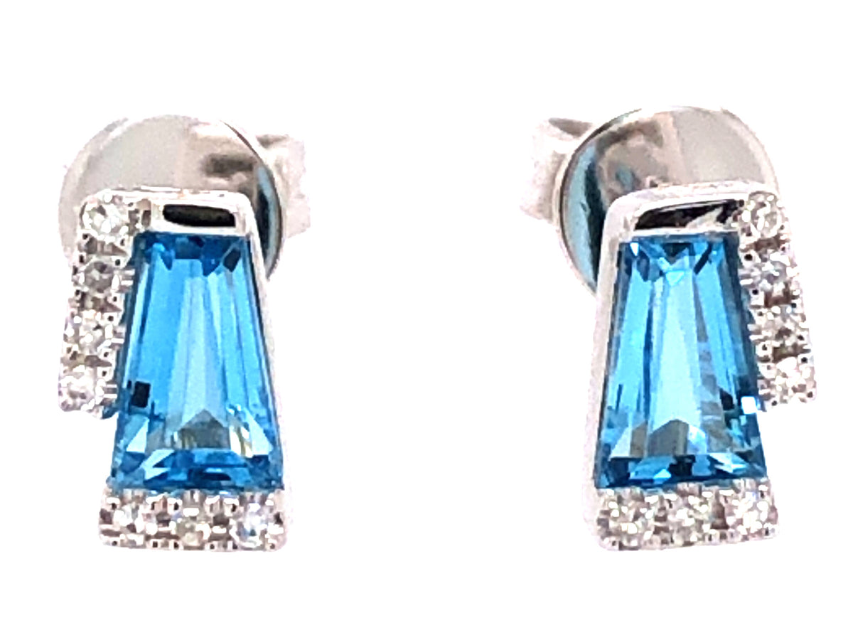 BLUE TOPAZ TAPERED BAGUETTE & DIAMOND STUD EARRING