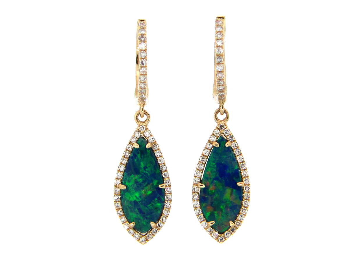 BLACK OPAL DOUBLET & DIAMOND MARQUISE DANGLE EARRING