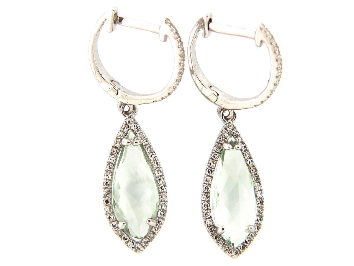 GREEN AMETHYST & DIAMOND EARRING, 14KW (H)