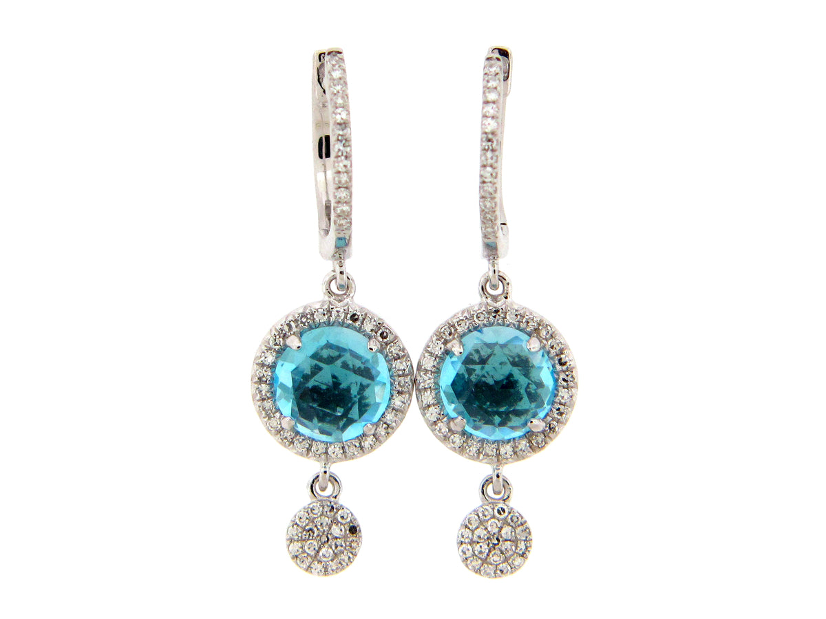 SWISS BLUE TOPAZ & DIAMOND DISC CHARM EARRING, 14KW (R)