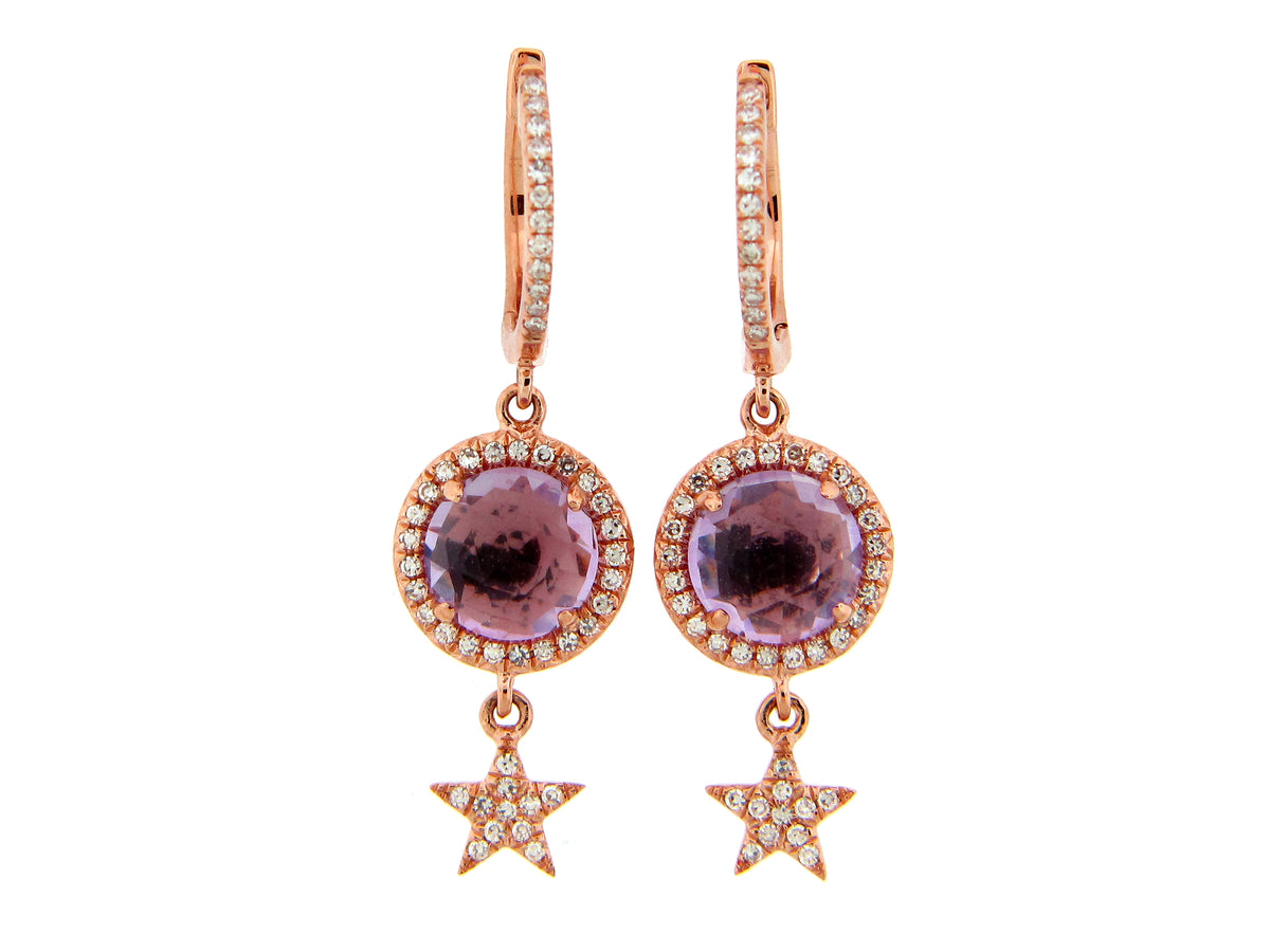 PINK AMETHYST & DIAMOND STAR CHARM EARRING, 14KR (H)