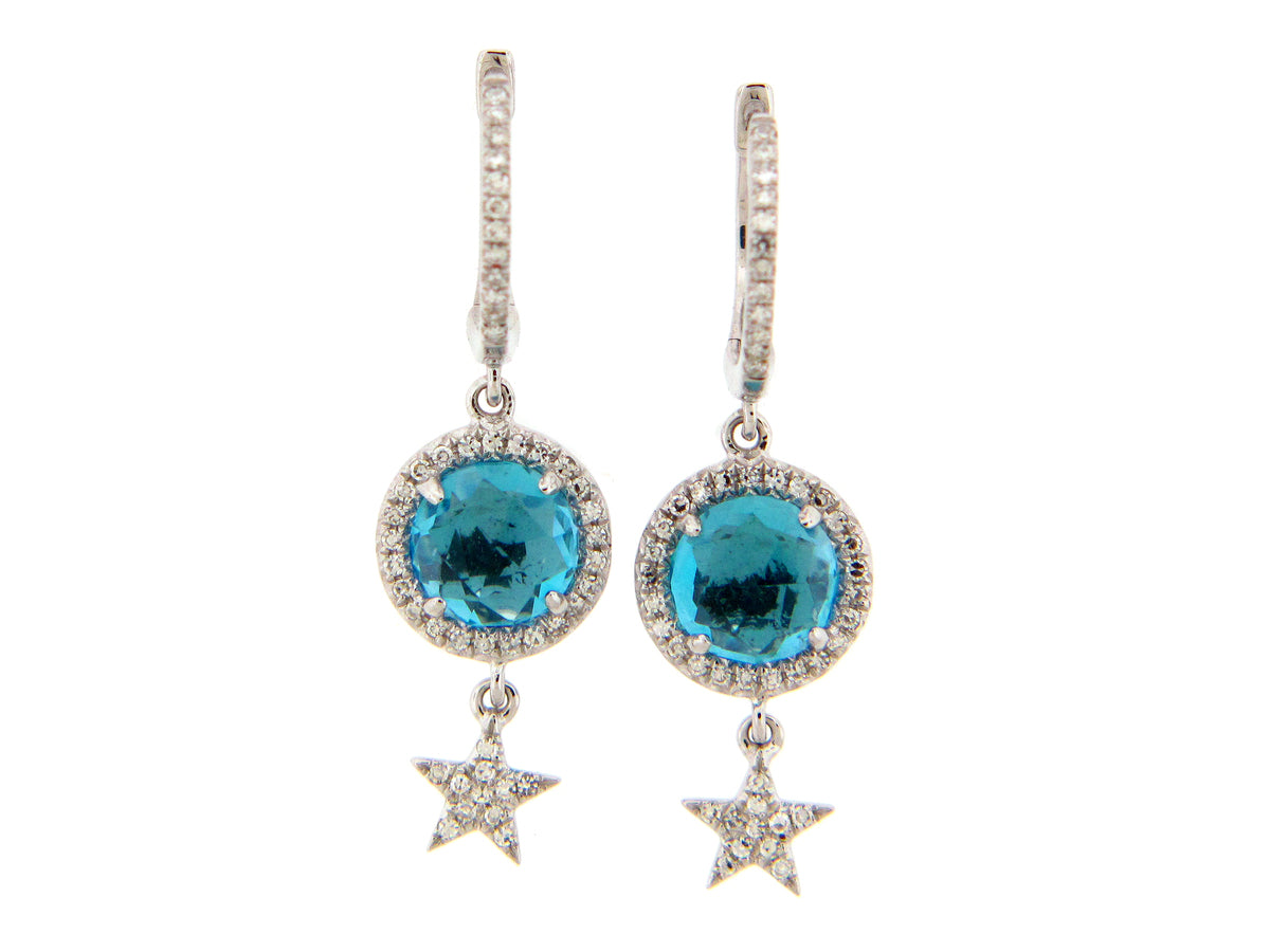 SWISS BLUE TOPAZ & DIAMOND STAR CHARM EARRING, 14KW (R)