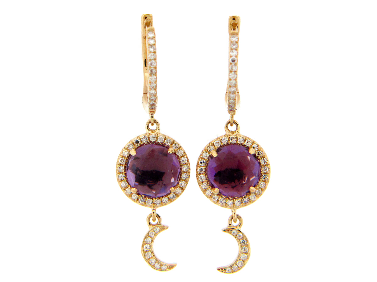 AMETHYST & DIAMOND CRESCENT MOON CHARM EARRING, 14KY (H)