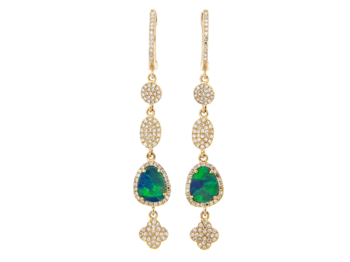 BLACK OPAL DOUBLET & DIAMOND ROUND OVAL SPADE DANGLE EARRING