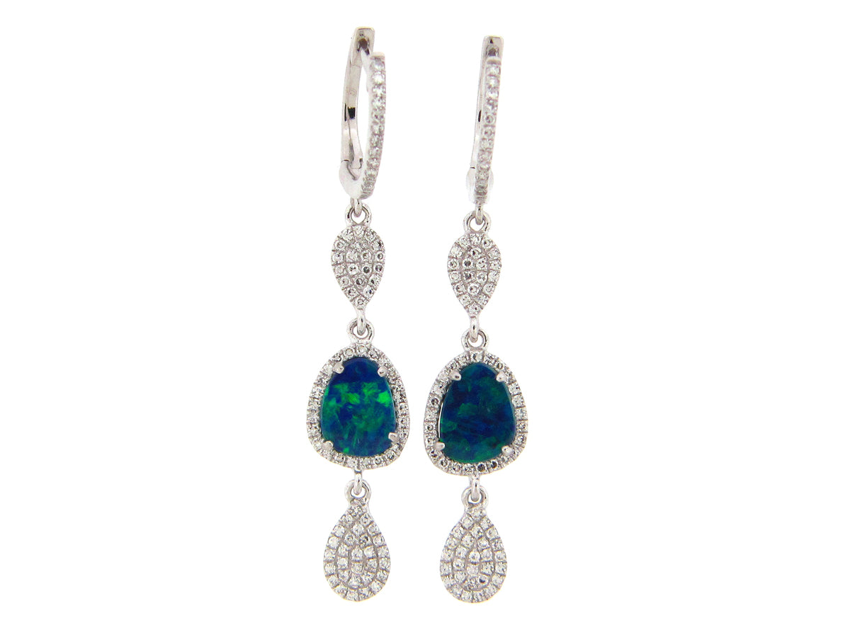 BLACK OPAL DOUBLET & DIAMOND PEAR DANGLE EARRING