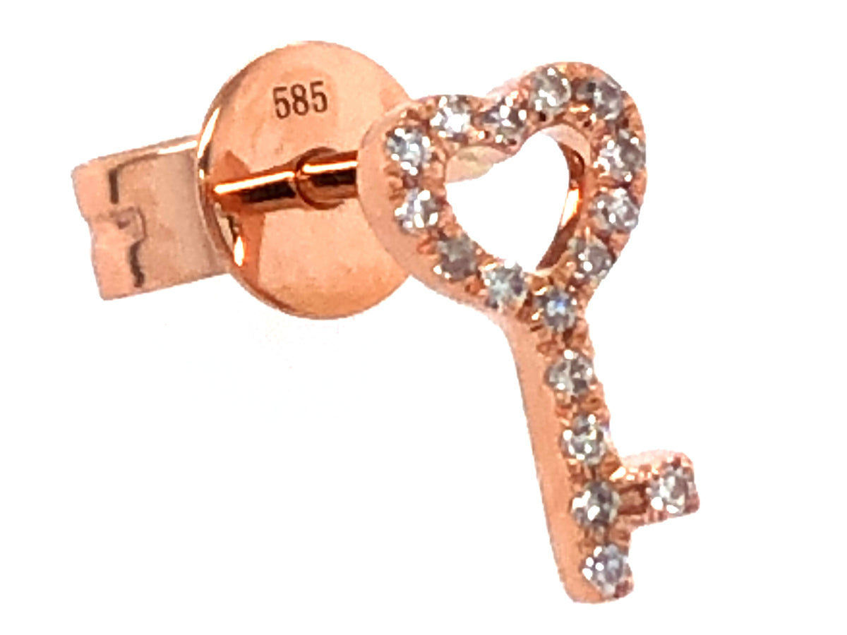 SINGLE DIAMOND KEY HEART STUD EARRING