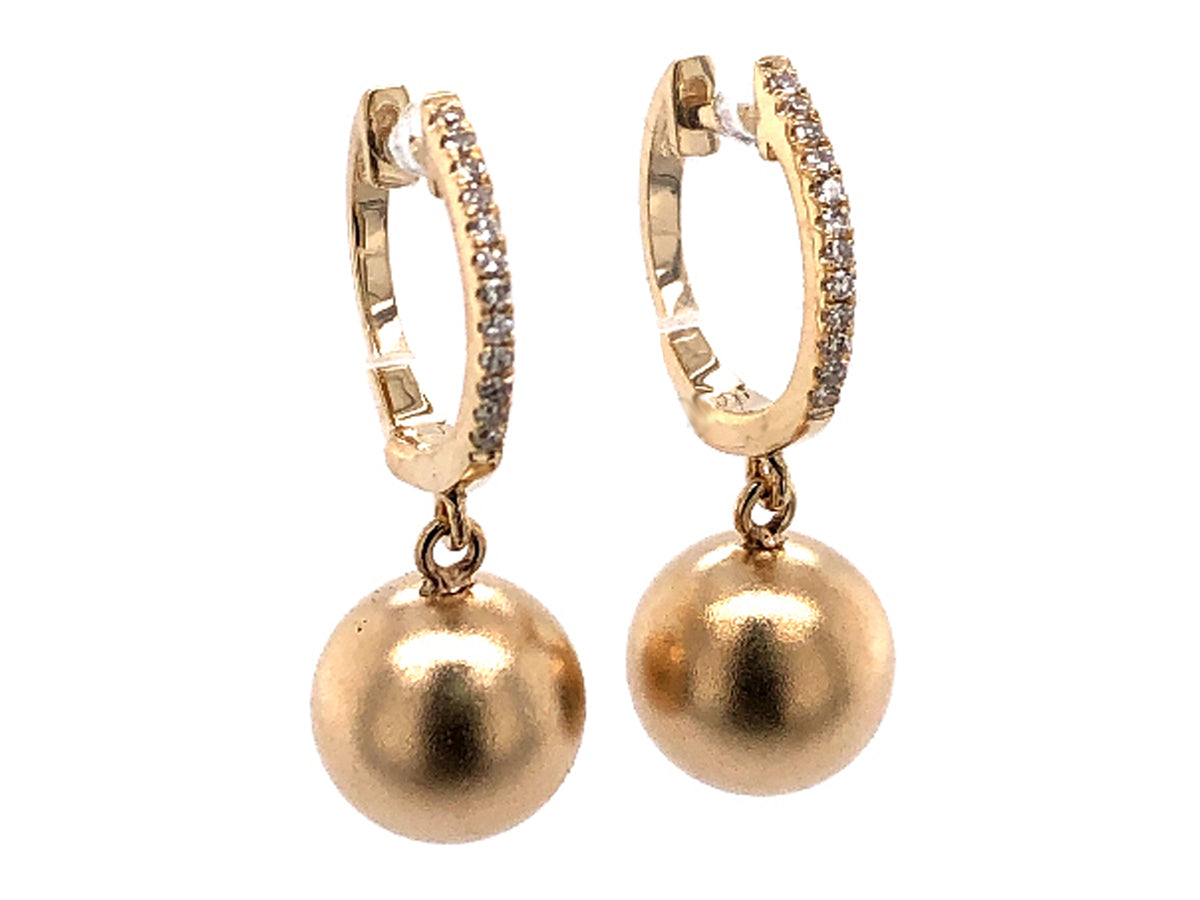 DIAMOND BALL DANGLE EARRING, 8MM BALL, SATIN FINISH BALL, 14KY (N)
