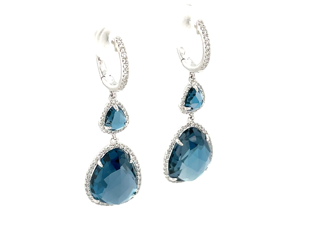 LONDON BLUE TOPAZ & DIAMOND HALO 2 STATION DANGLE EARRING
