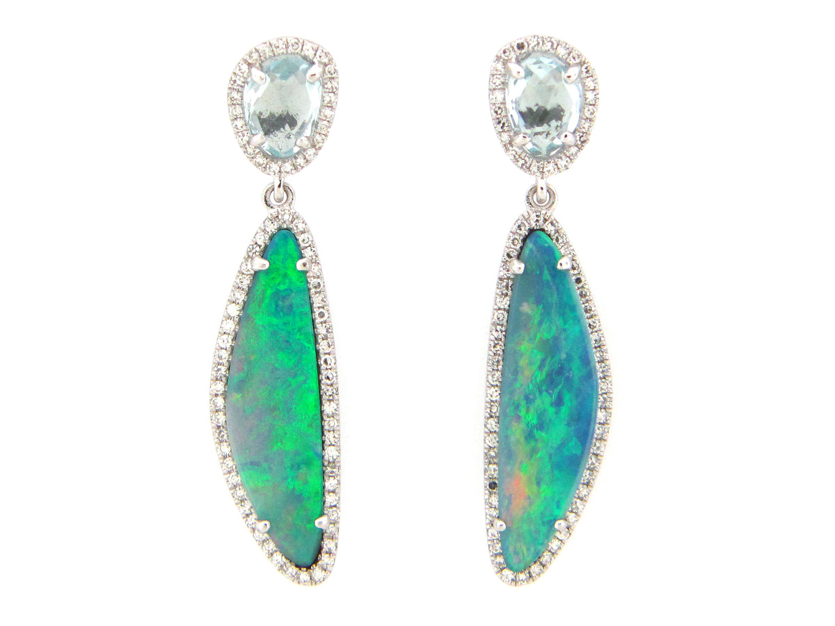 BLACK OPAL DOUBLET, SKY BLUE TOPAZ & DIAMOND EARRING, 14KW (ASBL/R)