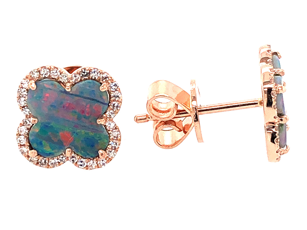 BLACK OPAL DOUBLET & DIAMOND CLOVER EARRING