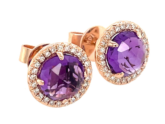 AMETHYST & DIAMOND STUD EARRING, 14KR (H)