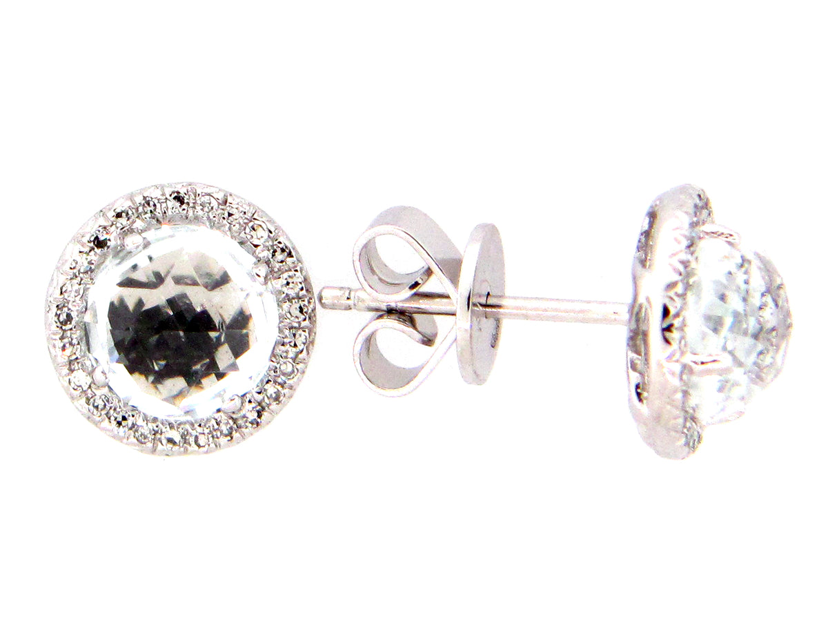WHITE TOPAZ & DIAMOND STUD EARRING, 14KW (H)