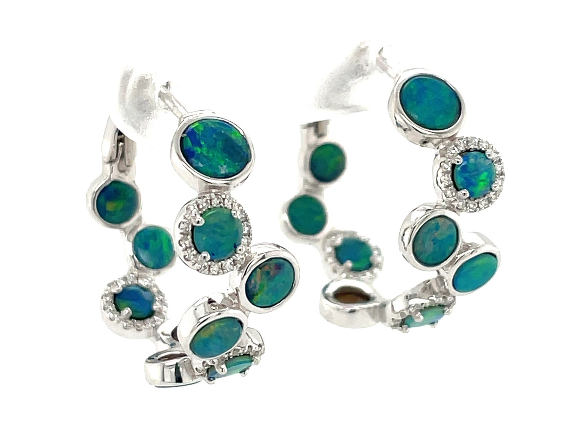 BLACK OPAL DOUBLET ROUND & DIAMOND 22MM HOOP EARRING