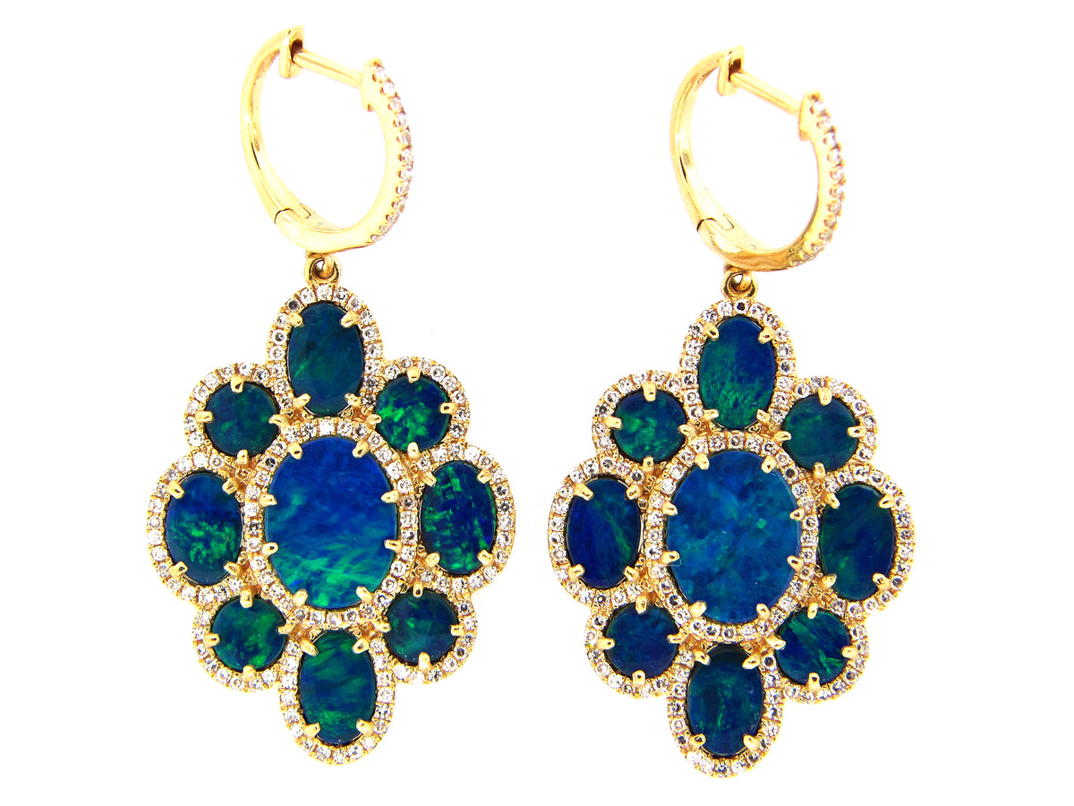 BLACK OPAL DOUBLET & DIAMOND EARRING, 18KY (ASBL)