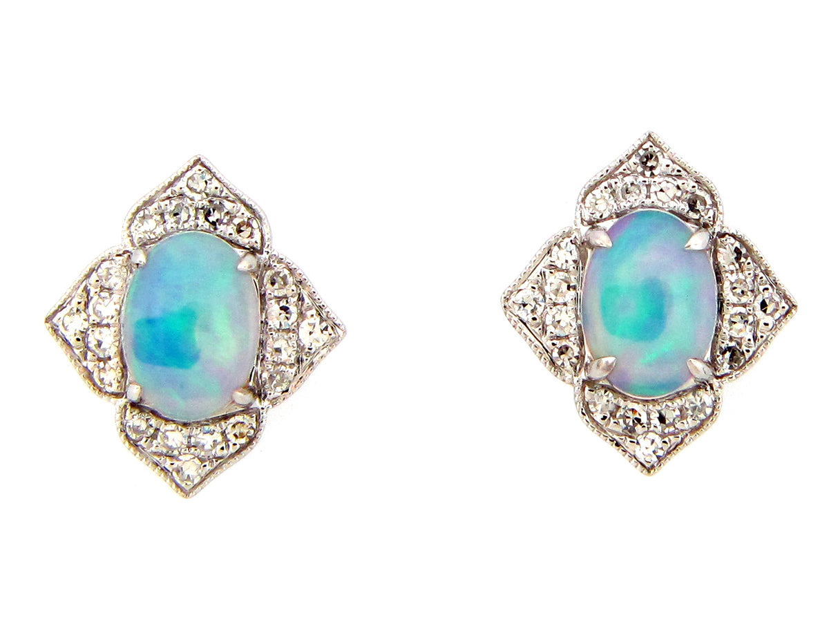 OPAL OVAL & DIAMOND HALO ART DECO STUD EARRING