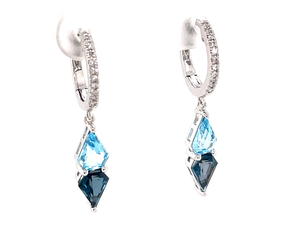 BLUE TOPAZ 2 STONE KITE & DIAMOND DANGLE EARRING