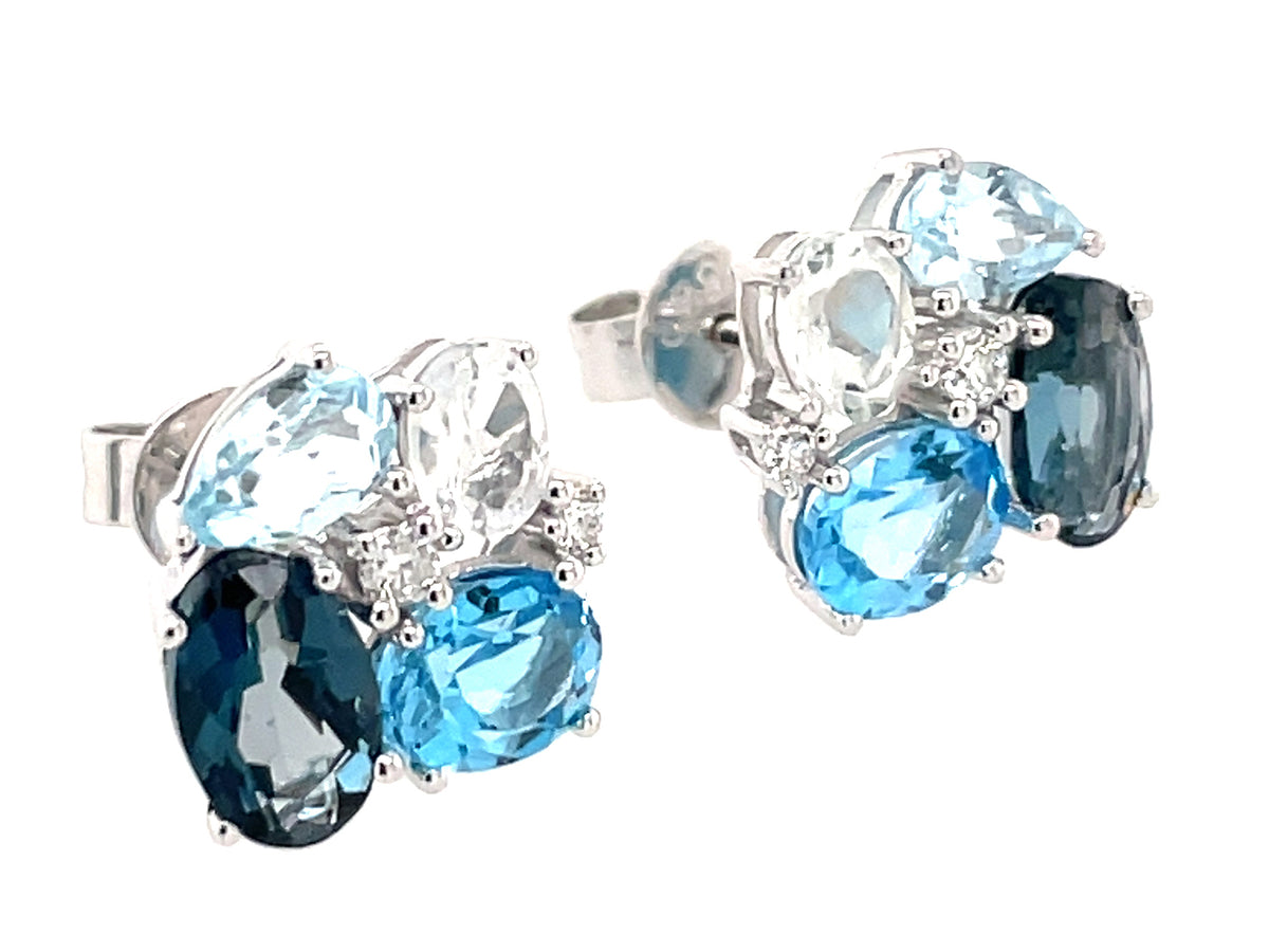BLUE TOPAZ CLUSTER & DIAMOND STUD EARRING
