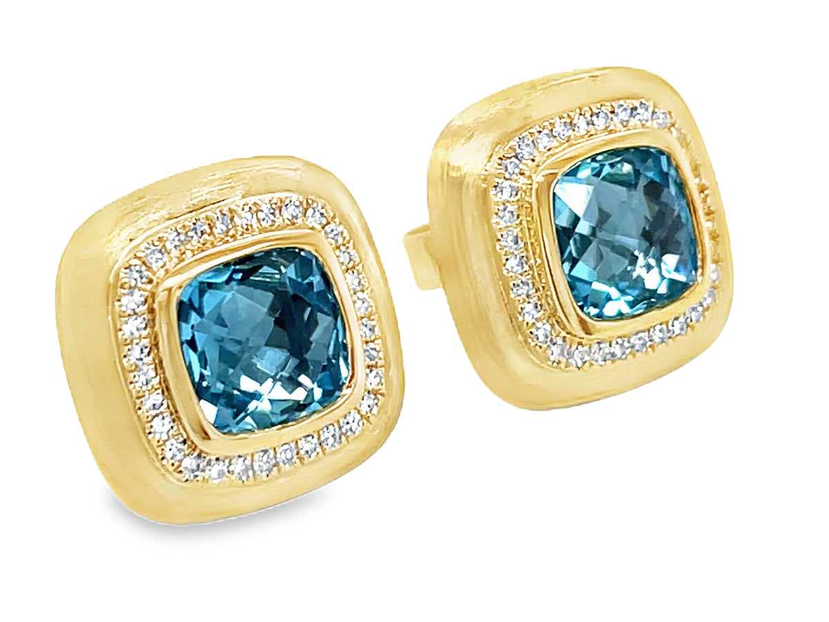 BLUE TOPAZ CUSHION & DIAMOND HALO BEZEL STUD EARRING, 12.5MM, SATIN FINISH