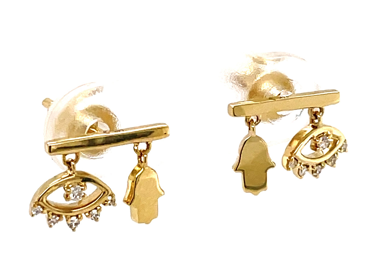 DIAMOND EYE & HAMSA BAR STUD EARRING