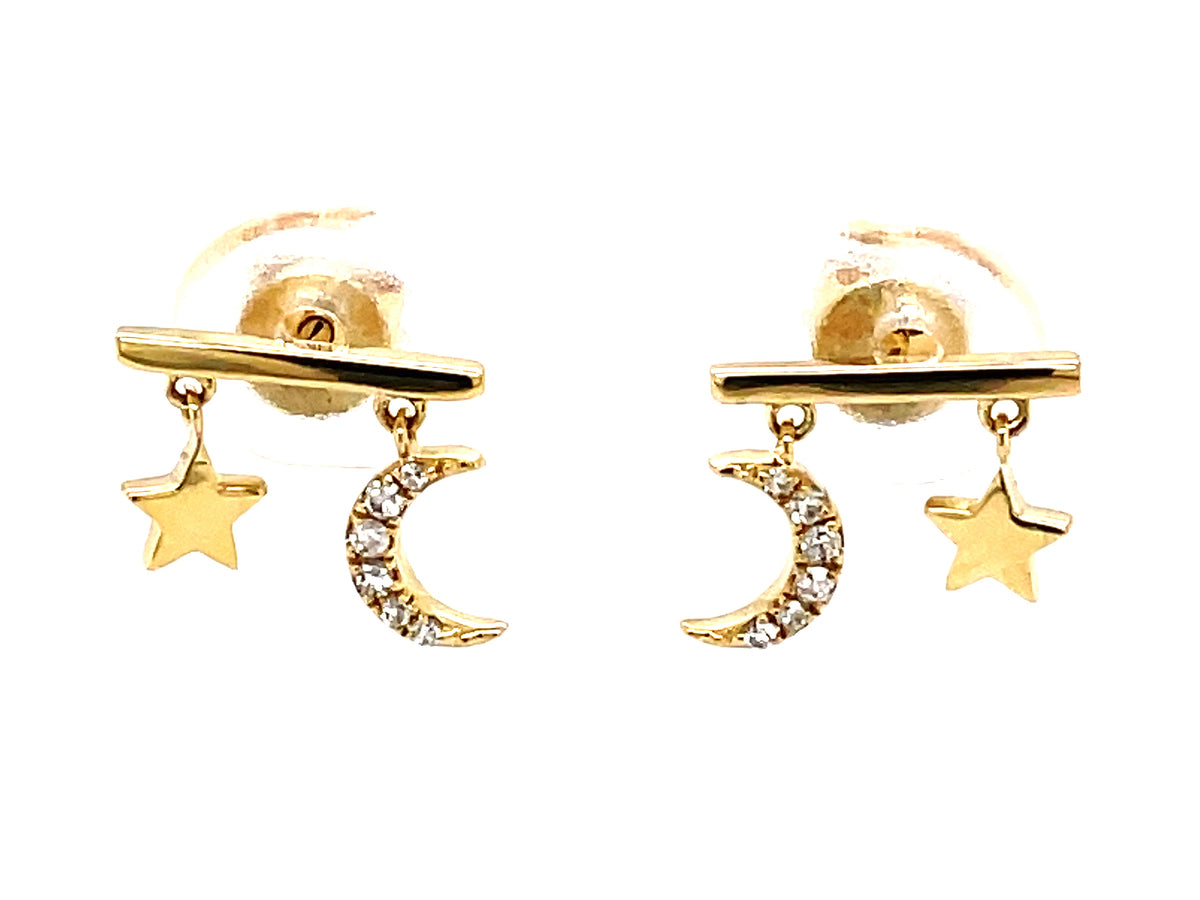 DIAMOND CRESCENT MOON & STAR CHARM BAR STUD EARRING