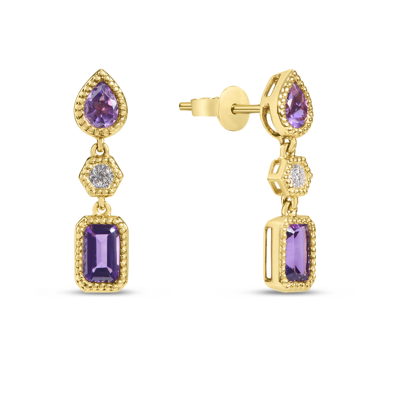 Amethyst & Diamond 3 Stone Dangle Earring