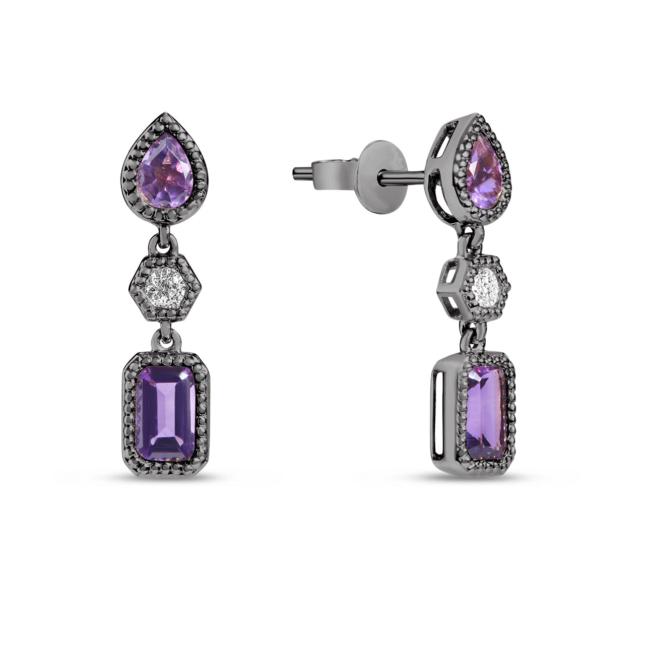 Amethyst & Diamond 3 Stone Dangle Earring