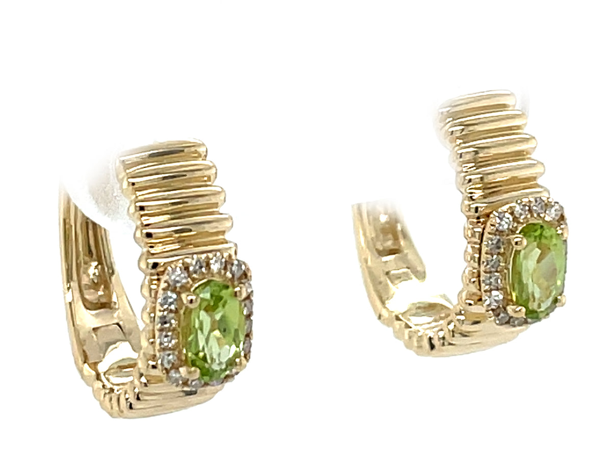 Peridot Oval Diamond Halo Ribbed Hoop Earring