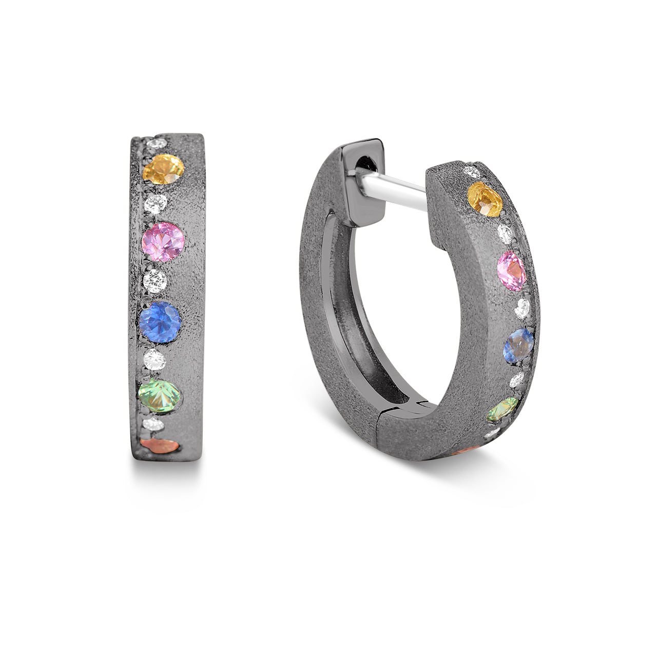 Rainbow Sapphire & Diamond Alternating Flush Huggie Earring