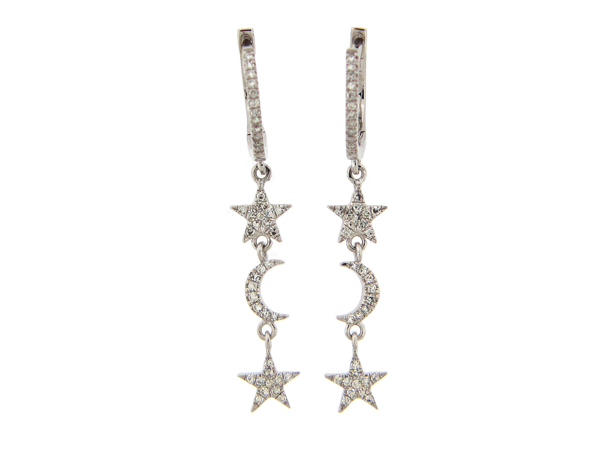 DIAMOND PAVE STAR & CRESCENT MOON DANGLE EARRING, 18KW (N)