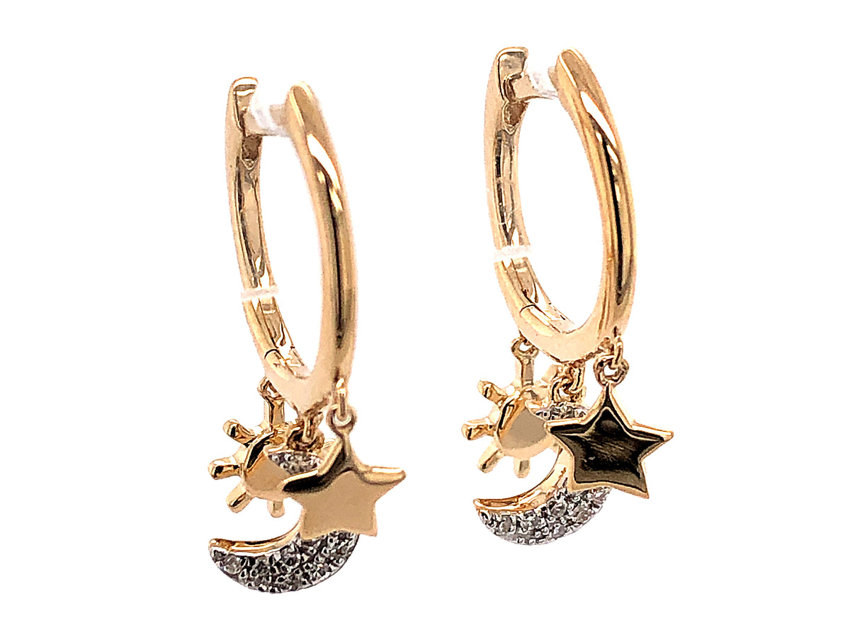 DIAMOND STAR MOON SUN CHARM DANGLE EARRING, 14KY (N)