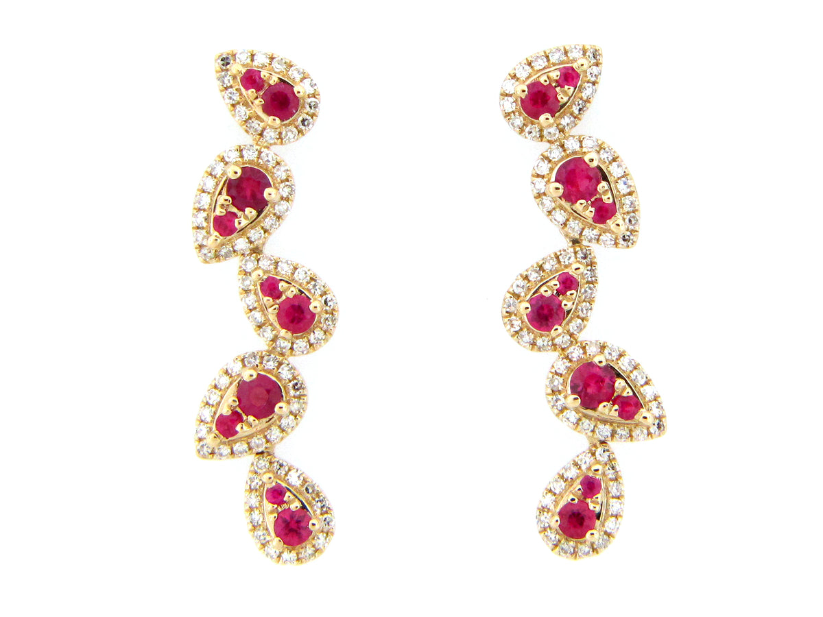 RUBY & DIAMOND PEAR CLUSTER PIVOTING EARRING, 14KY (H)