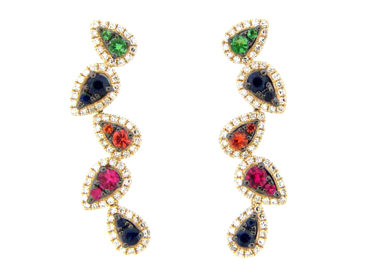 RAINBOW SAPPHIRE, TSAVORITE & DIAMOND PEAR CLUSTER PIVOTING EARRING, 14KY (H/U/N)