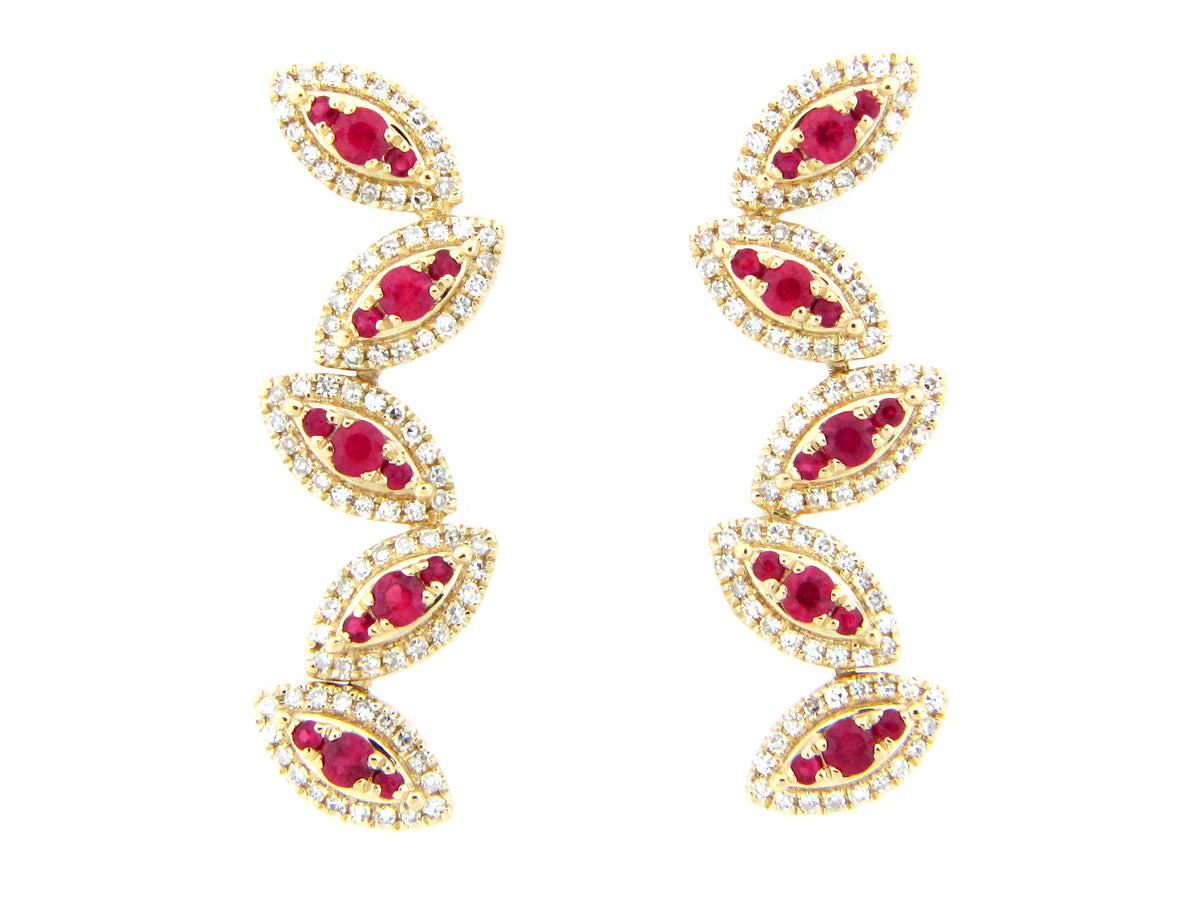 RUBY & DIAMOND MARQUISE CLUSTER PIVOTING EARRING, 14KY (H)