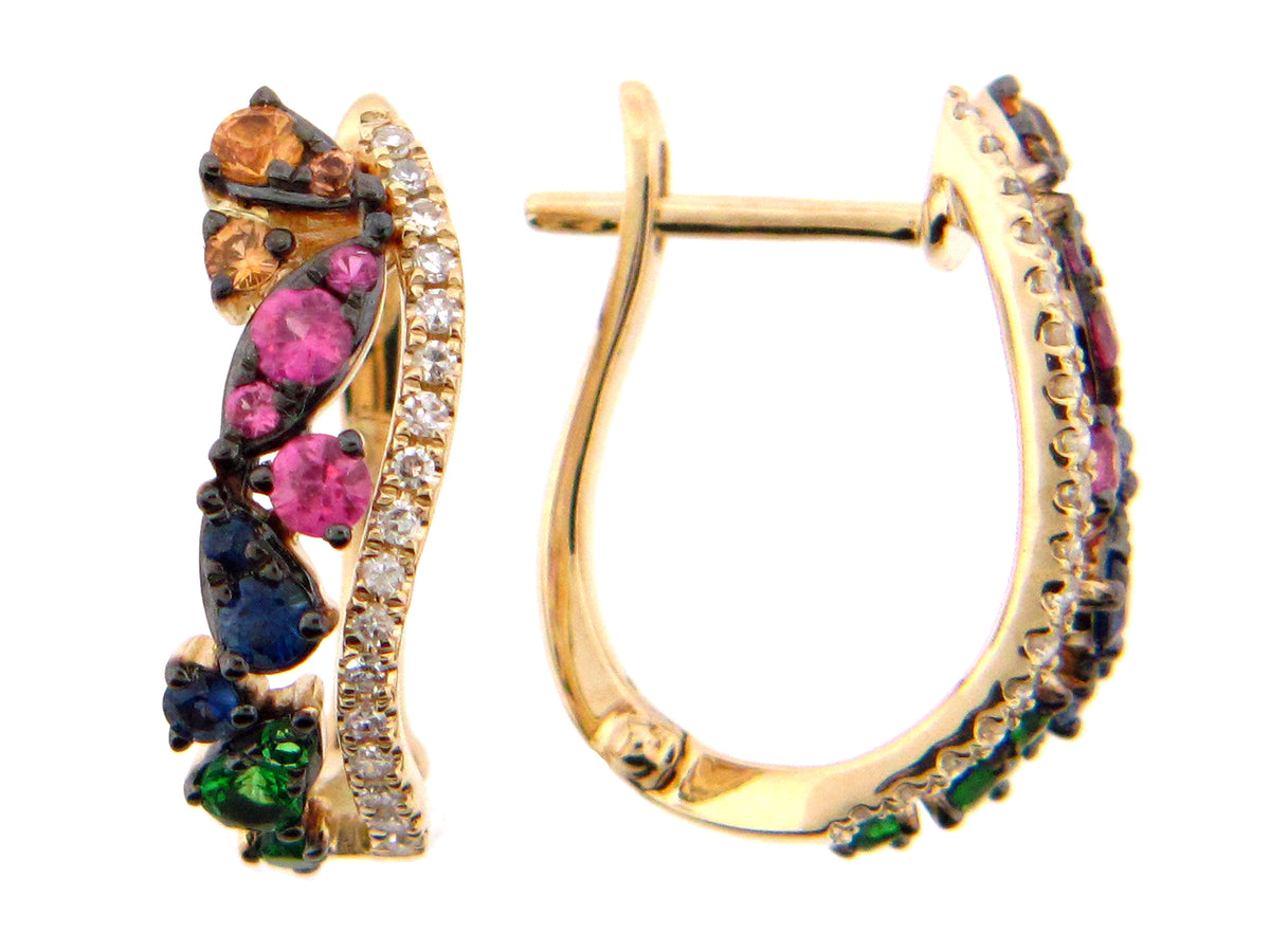 RAINBOW SAPPH, TSAV & DIAMOND 2 ROW WAVY HOOP EARRING, 14KY (H/U/N)