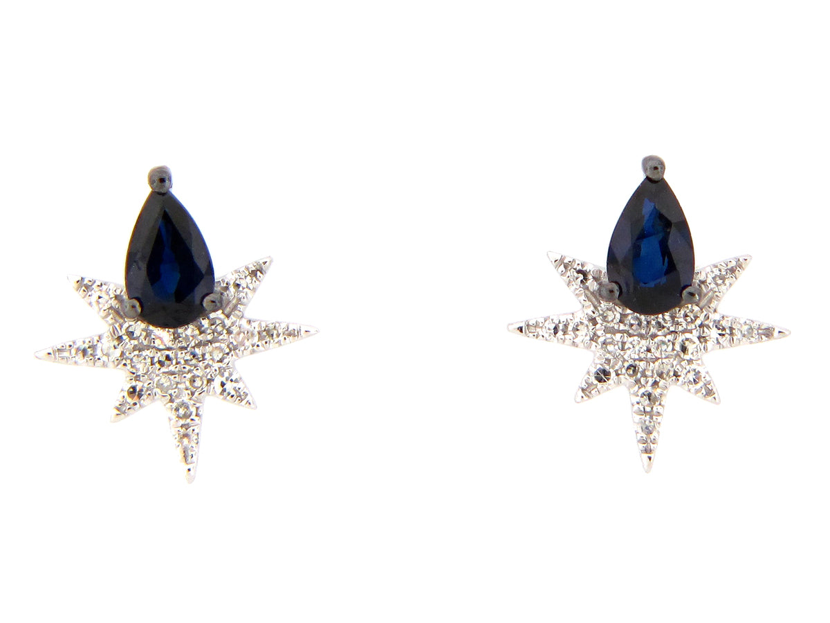 SAPPHIRE PEAR & DIAMOND STAR STUD EARRING, 14KW (H)