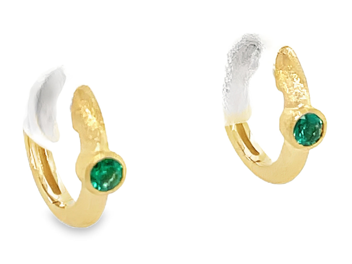EMERALD ROUND BEZEL HOOP EARRING, SATIN FINISH