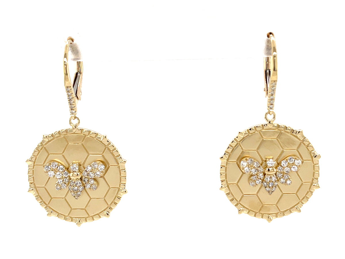 DIAMOND BEE & HONEYCOMB EARRING, 20MM, LEVER BACK, SATIN FINISH