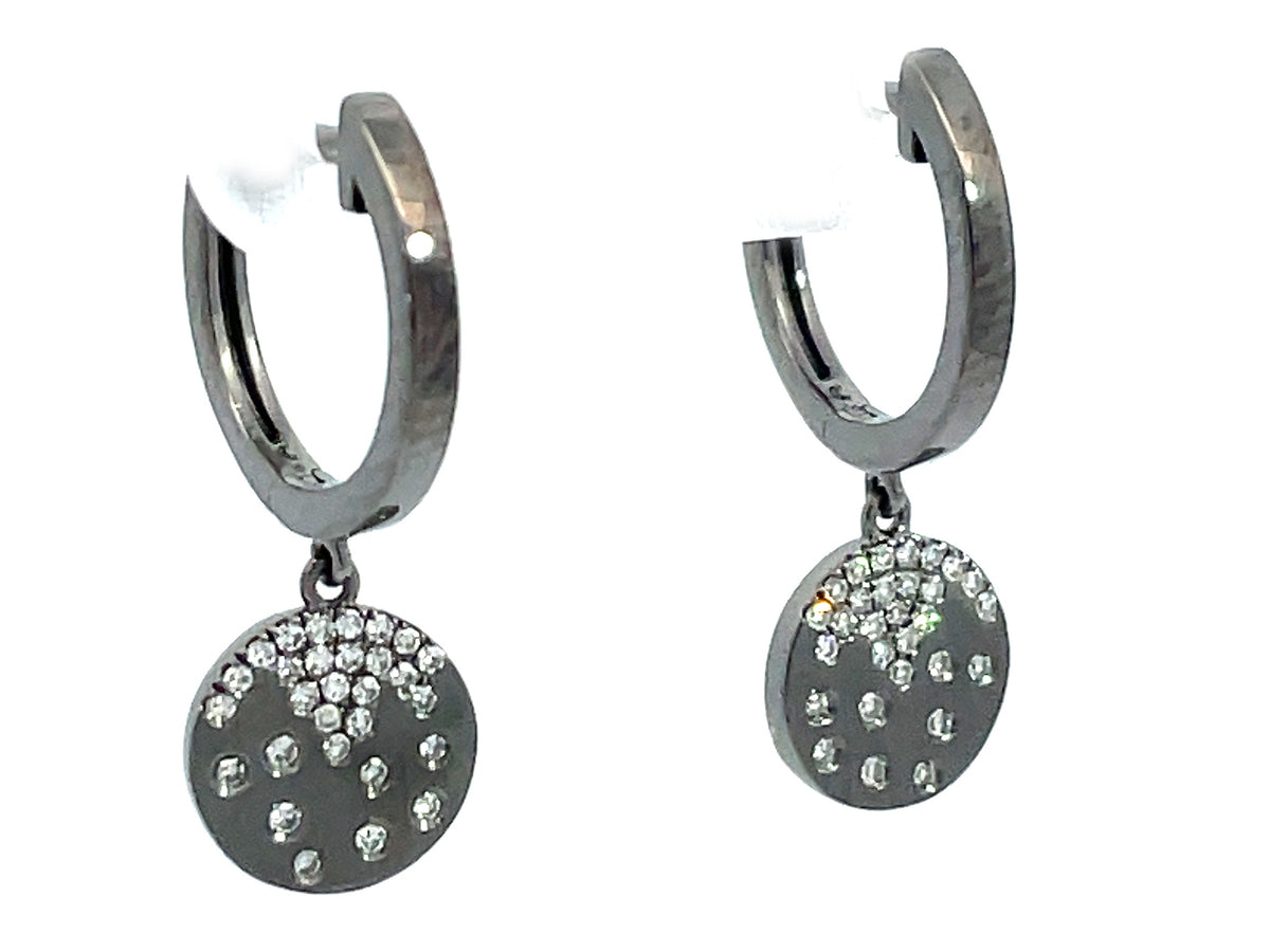 DIAMOND FLUSH SET DISC DANGLE EARRING, SATIN FINISH, 14K BLACK FINISH (N)