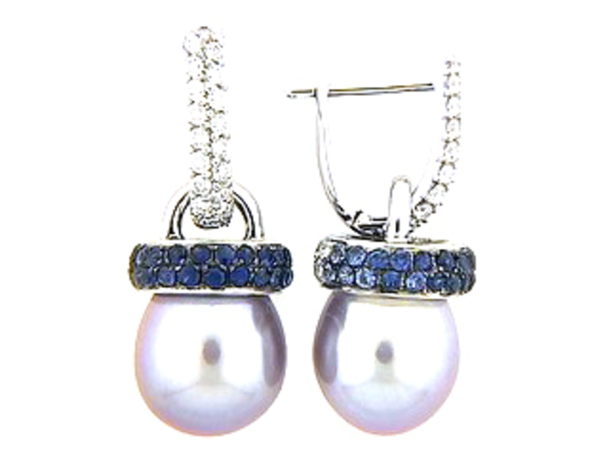 SAPPHIRE, CULTURED FRESHWATER PEARL & DIAMOND EARRING, 18KW (H/N)