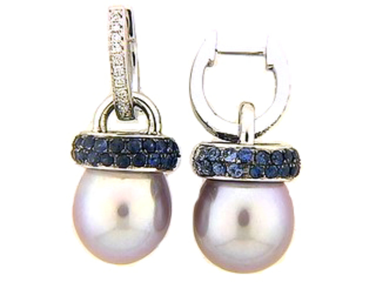 SAPPHIRE, CULTURED FRESHWATER PEARL & DIAMOND EARRING, 18KW (H/N)