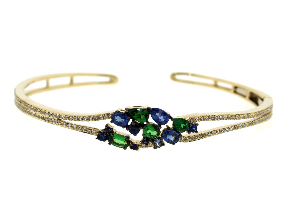 SAPPHIRE, TSAVORITE & DIAMOND BANGLE, 14KY (H/N)