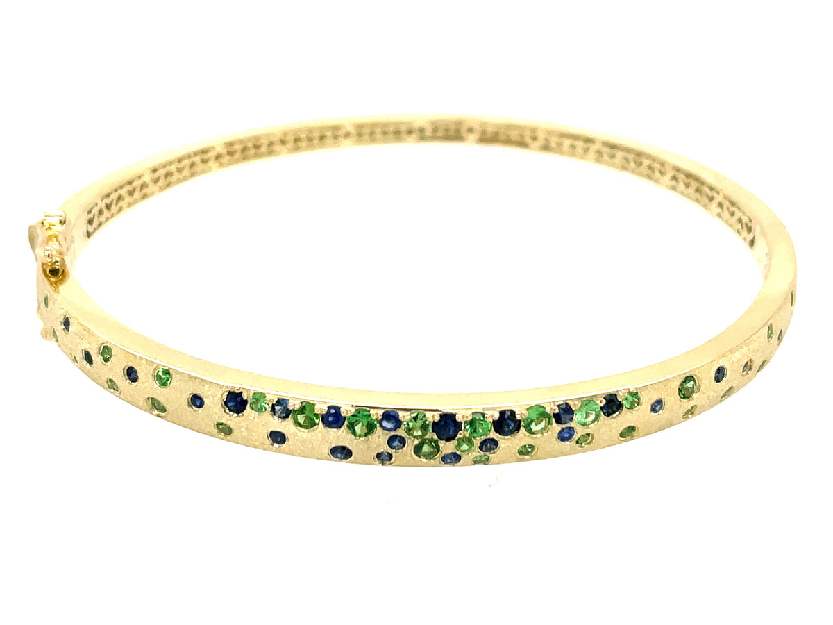 Tsavorite Sapphire Flush Set Narrow Bangle, 5mm, Satin Finish, 14k Green Gold