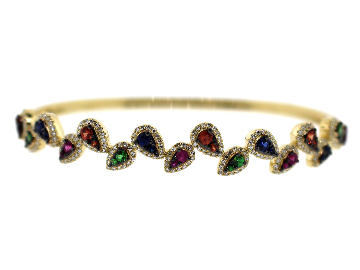 RANBOW SAPPHIRE, TSAVORITE & DIAMOND PEAR CLUSTER PIVOTING BANGLE, 14KY (H/U/N)