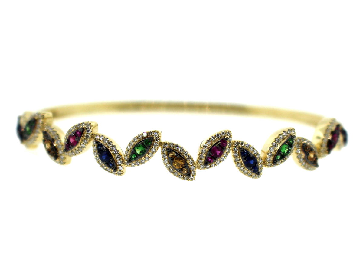 RAINBOW SAPPHIRE, TSAVORITE & DIAMOND MARQUISE CLUSTER PIVOTING BANGLE, 14KY (H/U/N)