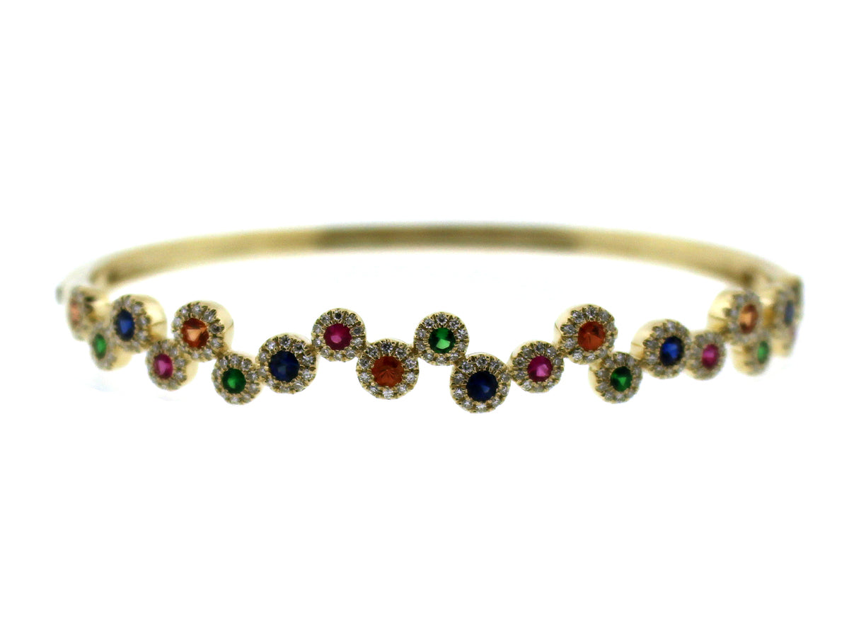 RAINBOW SAPPHIRE, TSAVORITE & DIAMOND ROUND PIVOTING BANGLE, 14KY (H/U/N)