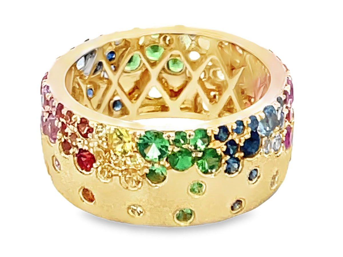 RAINBOW SAPPHIRE & TSAVORITE FLUSH SET ETERNITY CIGAR BAND, 8.7MM, SATIN FINISH