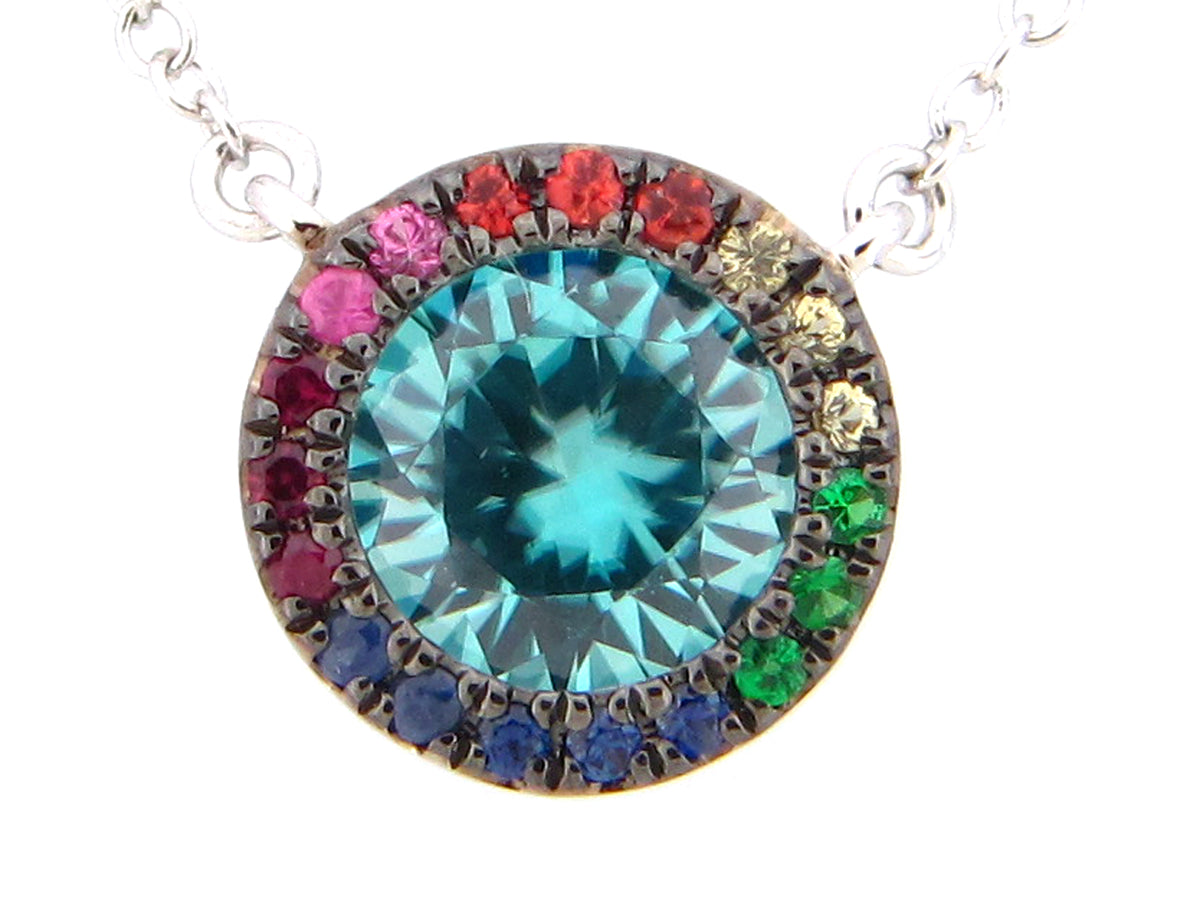 BLUE ZIRCON, RAINBOW SAPPHIRE & TSAVORITE HALO NECKLACE, 14KW (H/U/N)