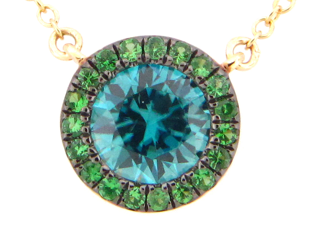 BLUE ZIRCON & TSAVORITE HALO PENDANT NECKLACE
