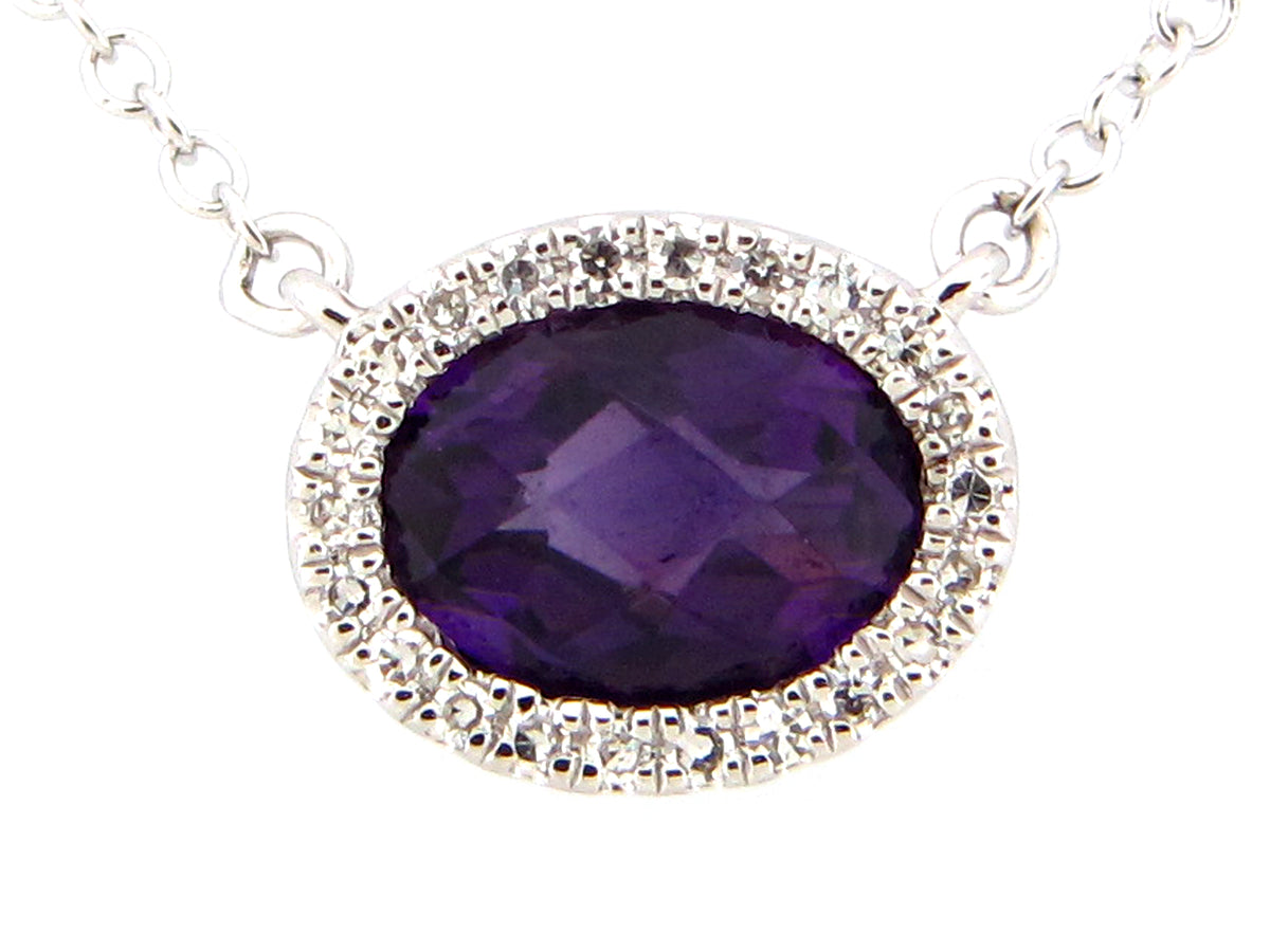 AMETHYST & DIAMOND OVAL PENDANT NECKLACE, 18"/17"/16", 14KW (H)